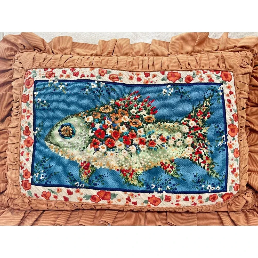 Vintage Custom Needlepoint Fish Lumbar Pillow 15